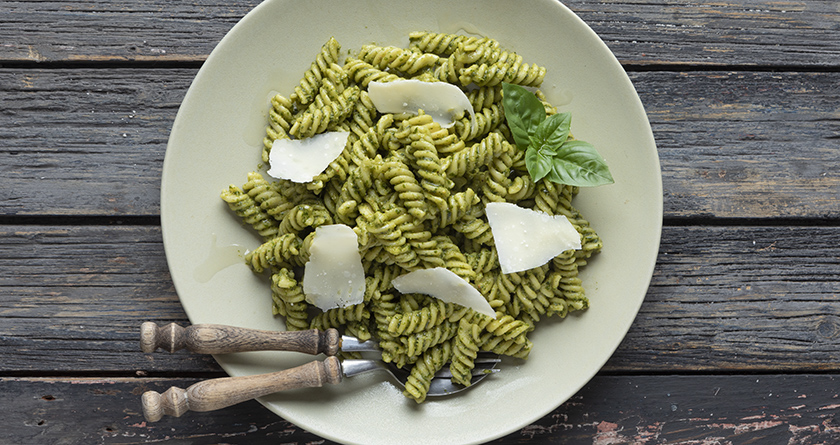 Fusilli pasta with basil pesto